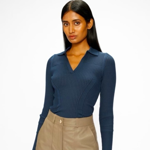 Ted Baker Ainne Rib Knit Polo VNeck Collared Pullover Sweater Top Blue Sz 4 M/10 - Picture 2 of 15